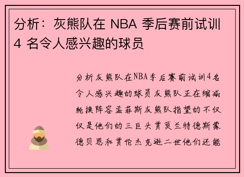 分析：灰熊队在 NBA 季后赛前试训 4 名令人感兴趣的球员