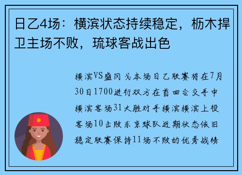 日乙4场：横滨状态持续稳定，枥木捍卫主场不败，琉球客战出色